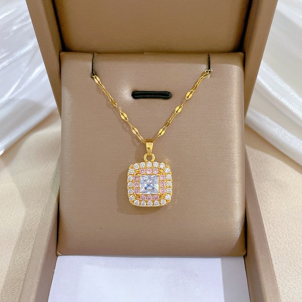 316L Stainless Steel Luxury Square Full Zircon Pendant Necklace For Women