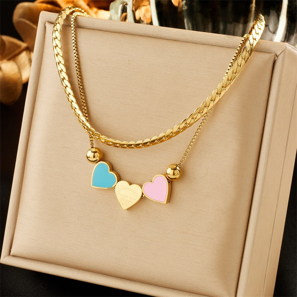 Collar con dije de corazón de acero inoxidable 316L de doble capa para mujer