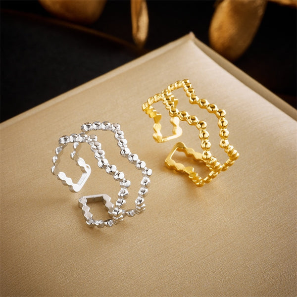 Anillo abierto de acero inoxidable 316L con forma de polígono en color dorado y plateado para mujer