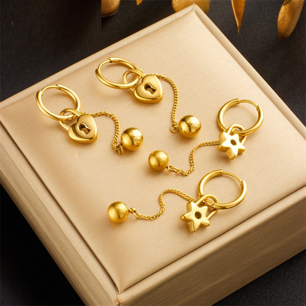 316L Stainless Steel Heart Pentagram Tassel Earrings For Women