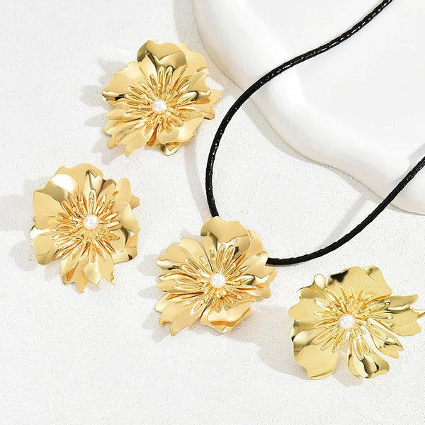 3PCS Set Big Metal Flower Pendant Earring Ring Jewelry Set