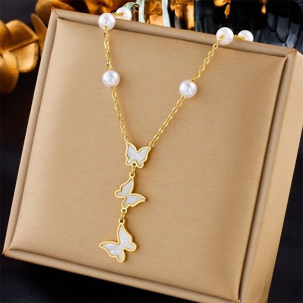 316L Stainless Steel Pearl Butterfly Pendant Necklace For Women