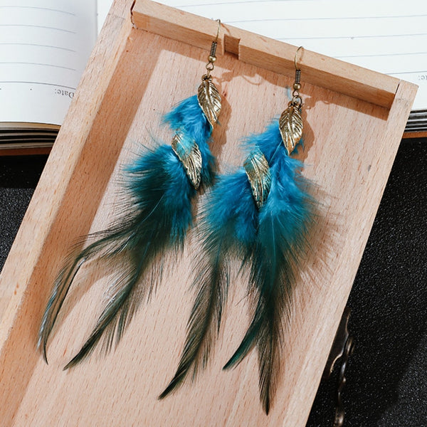 Pendientes de plumas para mujer, estilo bohemio vintage, con borlas largas y plumas de hoja.