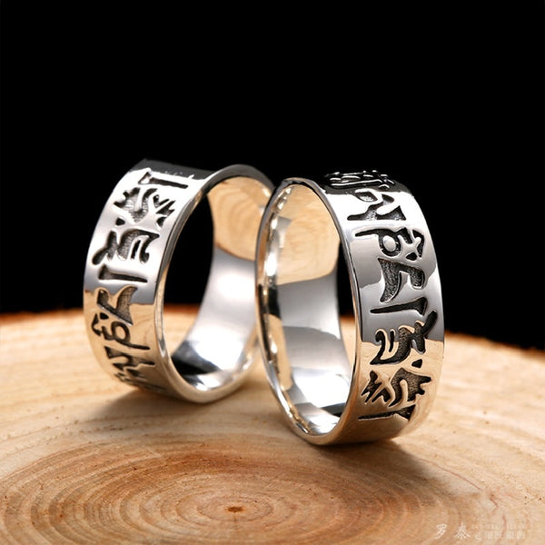 Anillo cerrado Unibabe de plata auténtica con grabado de hechizos, anillo de mantra de Buda en plata de ley S925