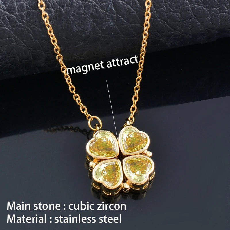 Unusual together 4 crystal heart flower pendant stainless steel necklace