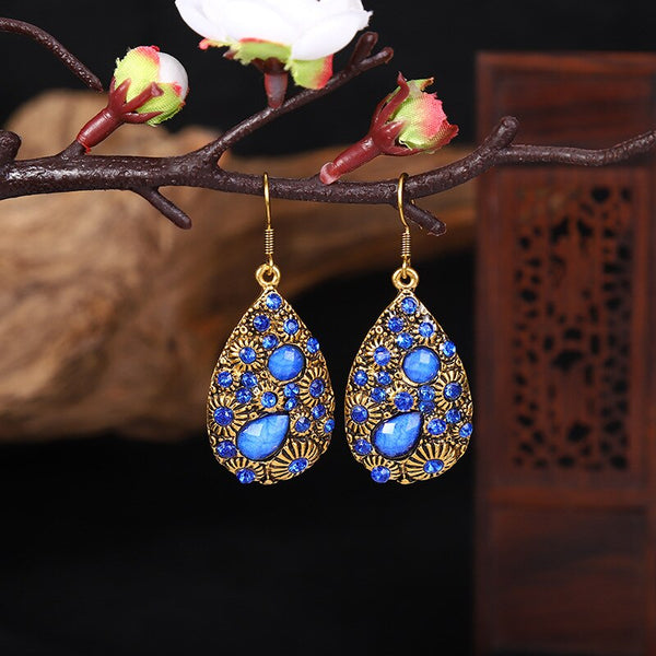 Pendientes colgantes vintage étnicos multicolores con diamantes de imitación y gotas de agua para mujer