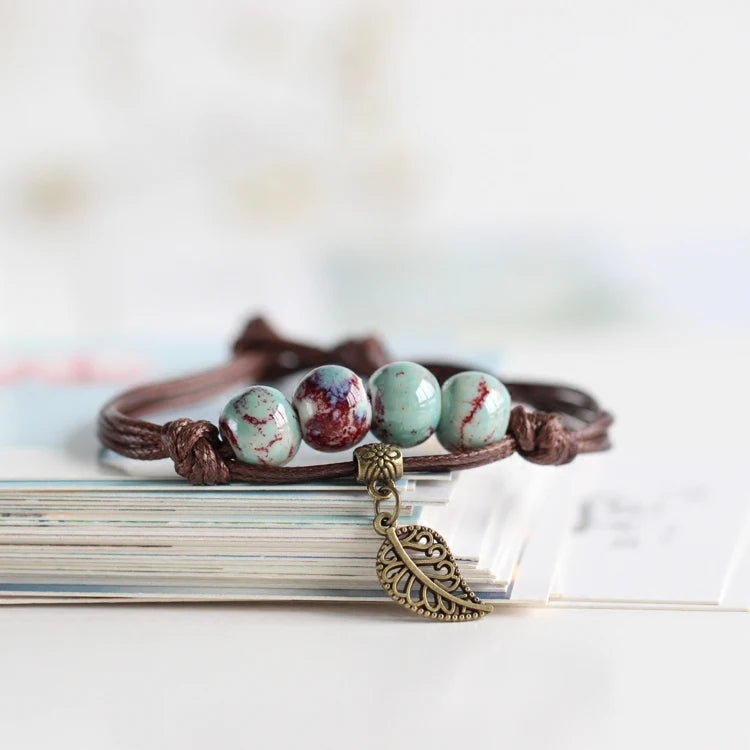 Traditional Boondoggle Colored Glaze Ceramic Bracelets Beads Folk Style Women's