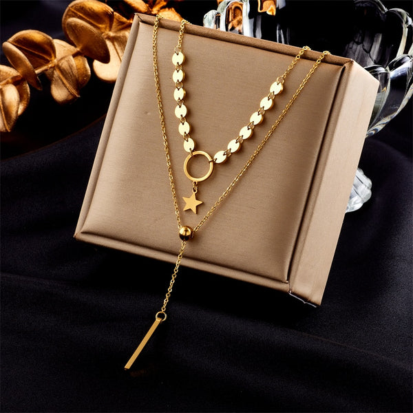 316L Stainless Steel Multilayer Star Beads Long Pendant Necklace For Women
