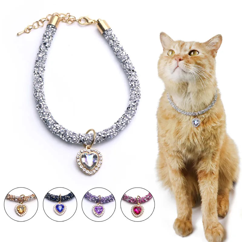 Luxury Crystal Cat Collar Heart Gem Pendant Party Reflective Rhinestone Necklace