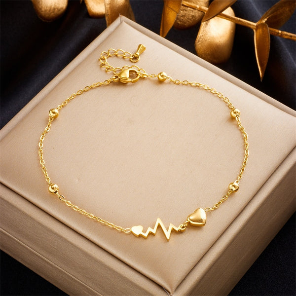 316L Stainless Steel Heart Electrocardiogram Anklets For Women