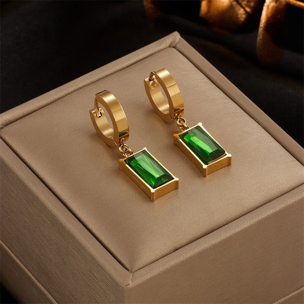 316 Stainless Steel Square Green Crystal Drop Earrings For Women