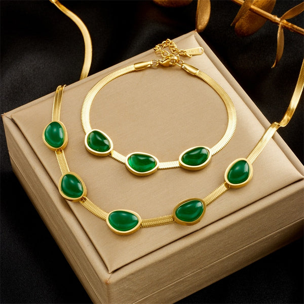 316L Stainless Steel Oval Luxury Green Crystal Necklace Bracelets For Women