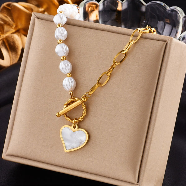 316L Stainless Steel Pearl Heart Pendant Necklace For Women