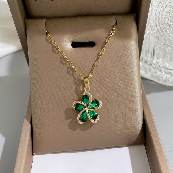 316L Stainless Steel Green Zircon Flowers Pendant Necklace For Women
