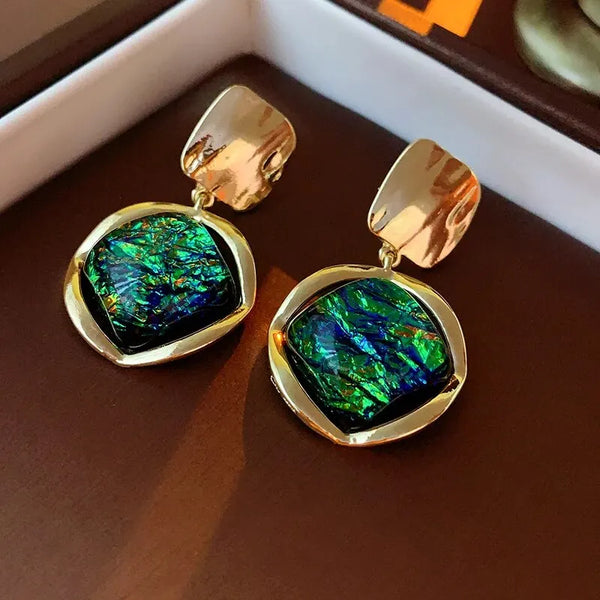 Pendientes vintage de rombos geométricos verdes redondos para mujer