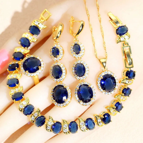 Blue Zirconia Bridal Jewelry Sets  Necklace Pendant Earrings Ring Bracelet Wedding Gift
