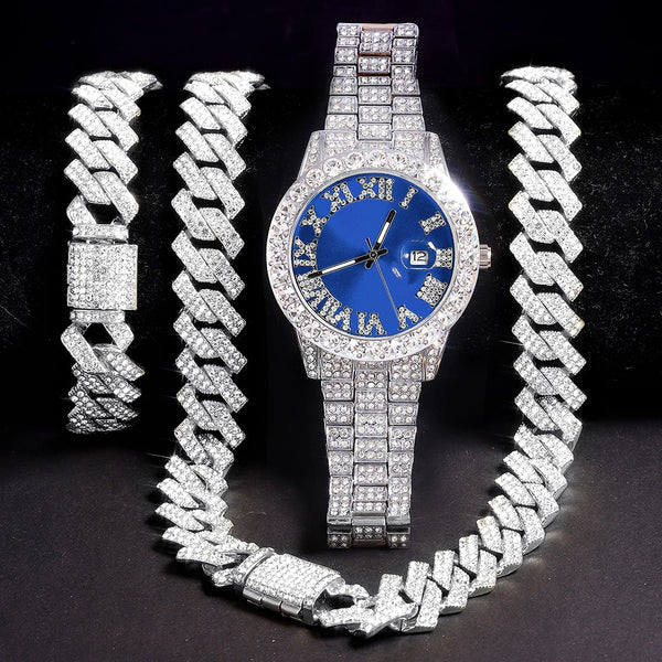 Iced Out Chain Necklace +Watch+Bracelet Miami Curb Cuban Link Chain Necklace