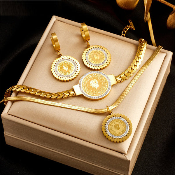 316L Stainless Steel Round Portrait Charm Necklace Bracelets Earrings For Women
