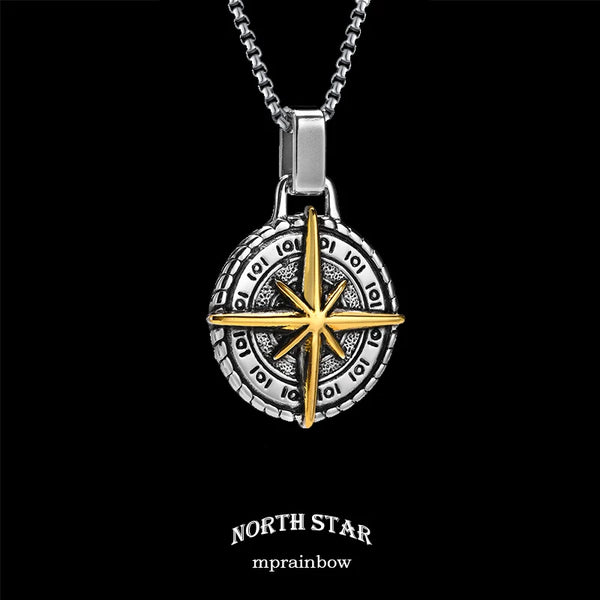 North Star Men Necklace ,Stainless Steel Compass Pendant