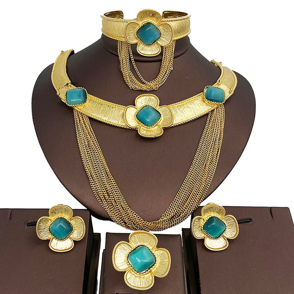 Conjunto de joyería de lujo con flor de ópalo para mujer, collar, pendientes, brazalete, anillo, 4 piezas