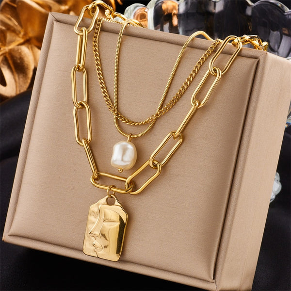 316L Stainless Steel 3-Layer Pearl Square Portrait Pendant Necklace For Women
