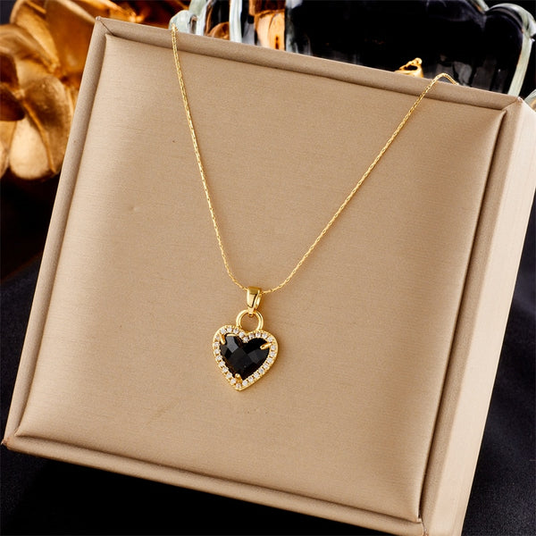 316L Stainless Steel Black Heart Crystal Zircon Pendant Necklace For Women