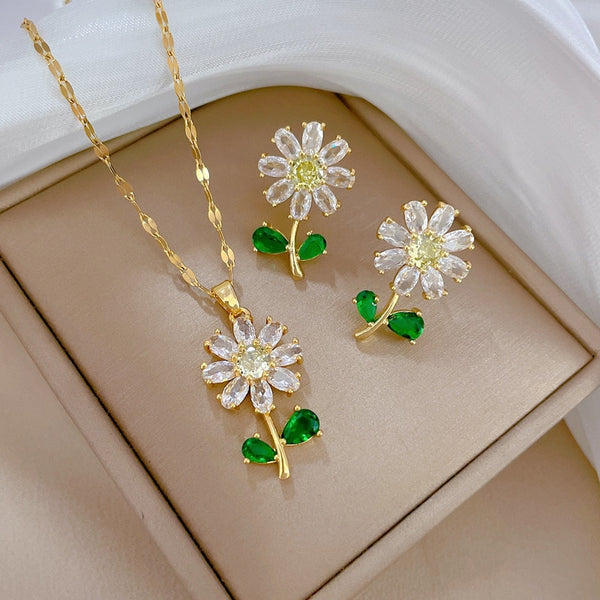 316L Stainless Steel Crystal Flower Pendant Necklace Earrings For Women