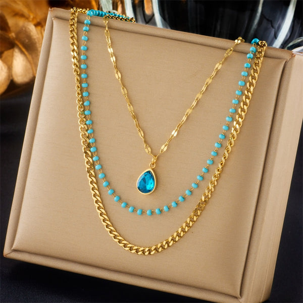 316L Stainless Steel Blue Water Drop Crystal Pendant Necklace For Women