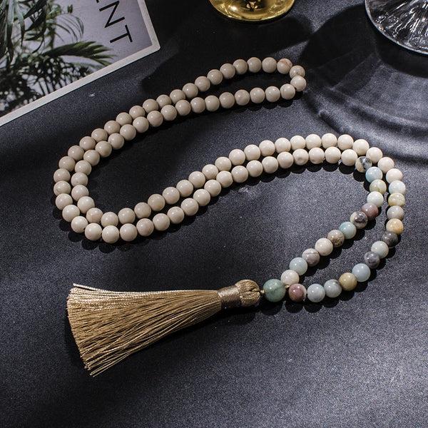 Collar de meditación con 108 cuentas de mala de amazonita fósil blanca de 8 mm