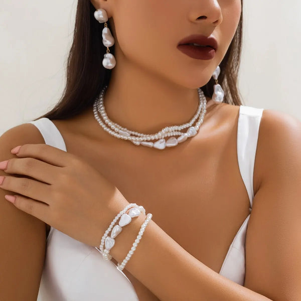 3Pcs/Set Kpop Multilayer Baroque Imitation Pearl Chain Necklace Bracelet Earring