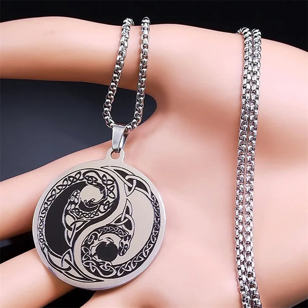 Collar con colgante de la Trinidad del Dragón Chismoso Yin Yang de acero inoxidable, collares chinos Taiji