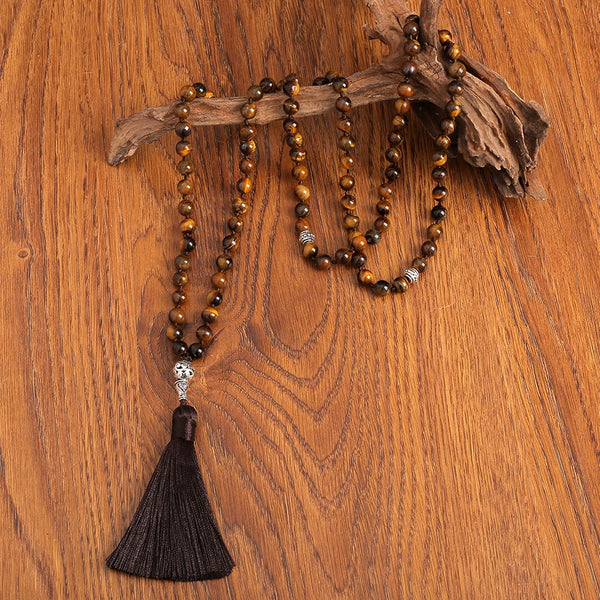 Rosario islámico Tasbih de 99 cuentas de 8 mm con ojo de tigre amarillo, collar y pulsera anudados