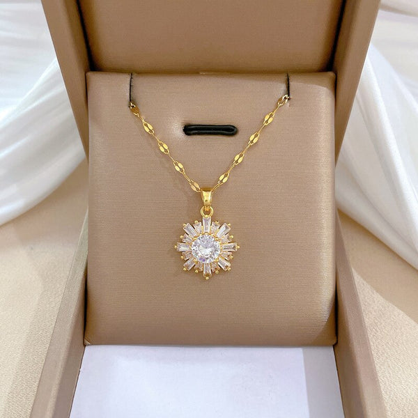 Collar con colgante de flor de copo de nieve de cristal dorado para mujer