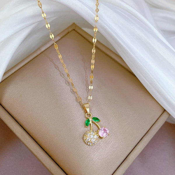 316L Stainless Steel Colorful Stone Cherry Pendant Necklace For Women