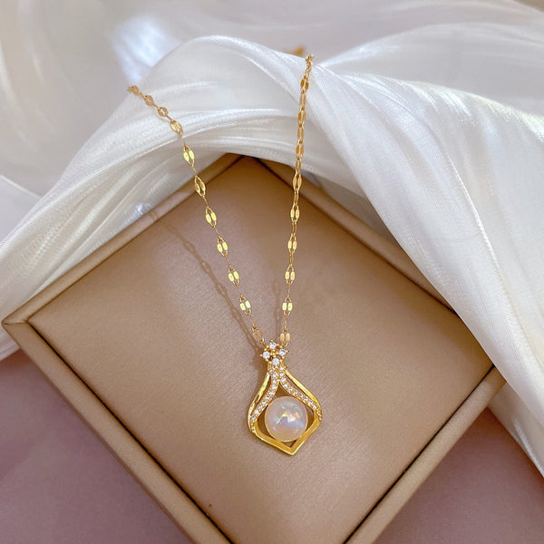 316L Stainless Steel Water Drop Pearl Pendant Necklace For Women