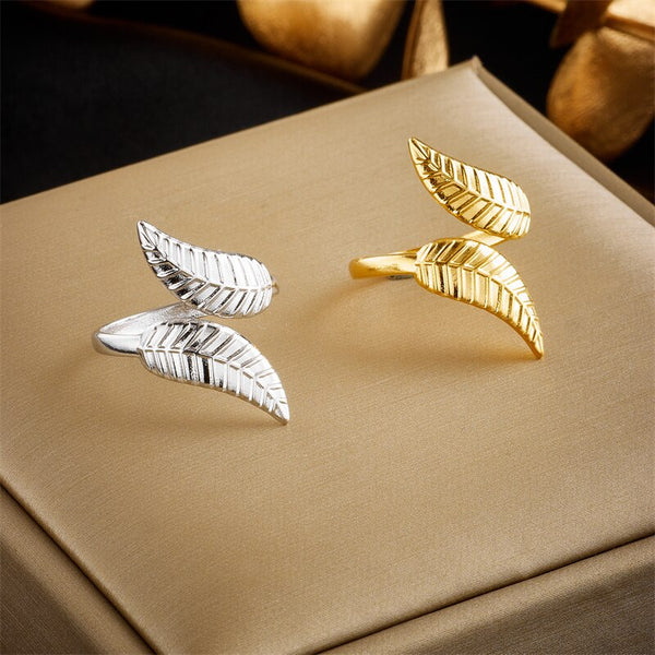 Anillo ajustable con apertura de hoja de acero inoxidable 316L color dorado para mujeres y hombres