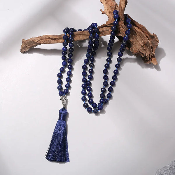 Collar de 108 cuentas Mala de 8 mm con cuentas de lapislázuli y rosario anudado para meditación.