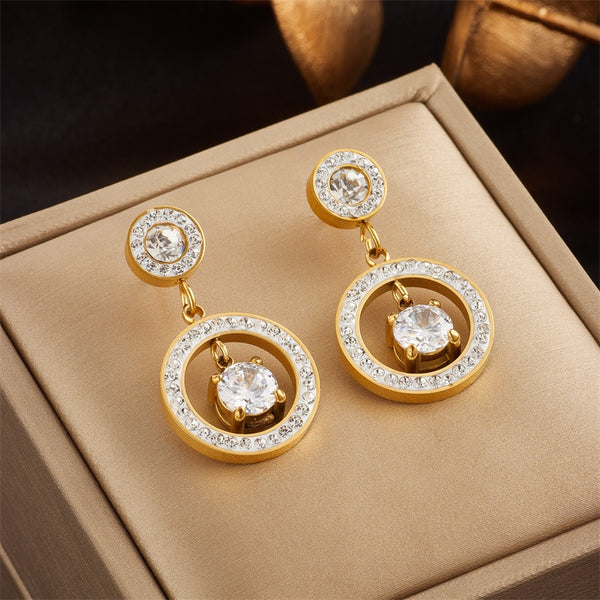 316L Stainless Steel Round White Zircon Drop Earrings For Women
