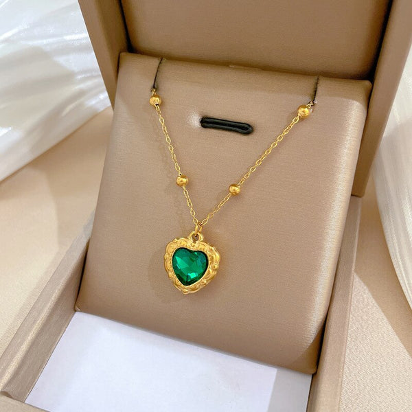 Gold Plated  Woman Green Zirconia Love Heart Pendant Necklaces