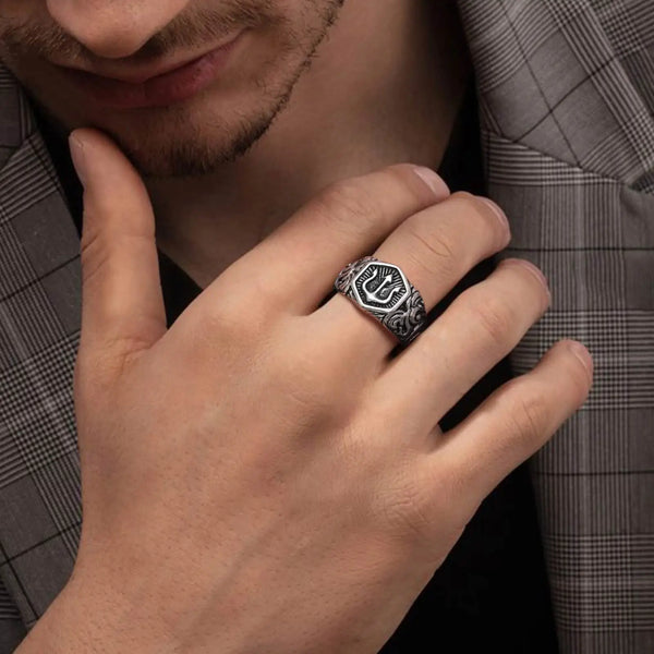 Mens Tridant Signet Ring, Waterproof Stainless Steel Geometric Top Stamp Finger Band