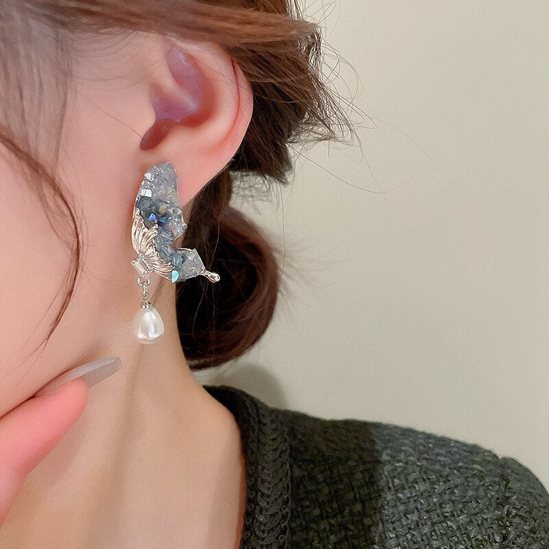 Korean Fashion Blue Crystal Butterfly Dangle Earrings For Women