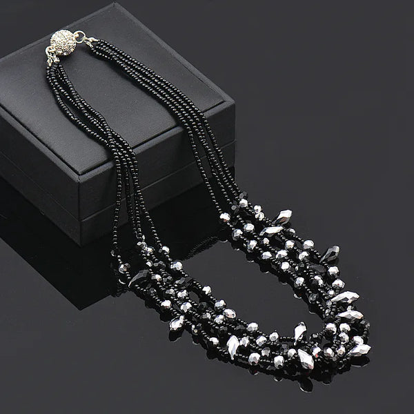 Black Silver Color Teardrop Crystal Beads 4 Layers Necklaces Chunky Choker Chain Women