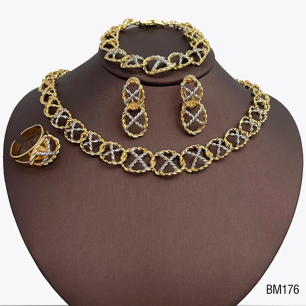 Pendientes brasileños chapados en oro, collar, pulsera, pendientes y anillo en dos tonos.