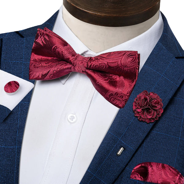 Fashion Men's Red Wedding Bowtie Corsage Pocket Square Cufflinks