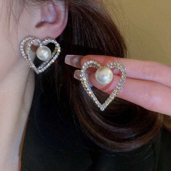 Korea Hollow Pearl Double Layer Heart Pendant Necklace For Women