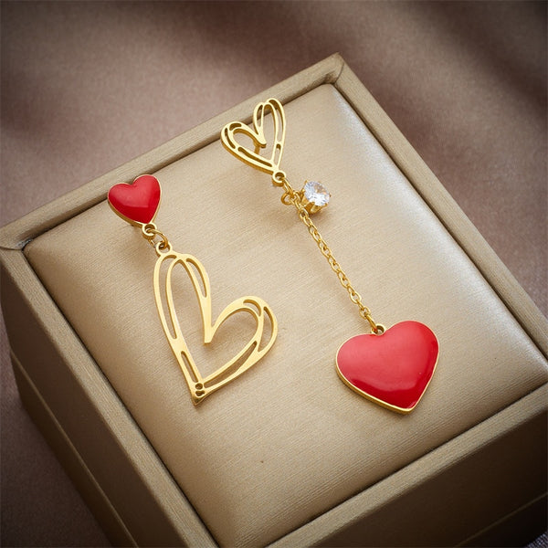 316L Stainless Steel Red Heart Zircon Drop Earrings For Women