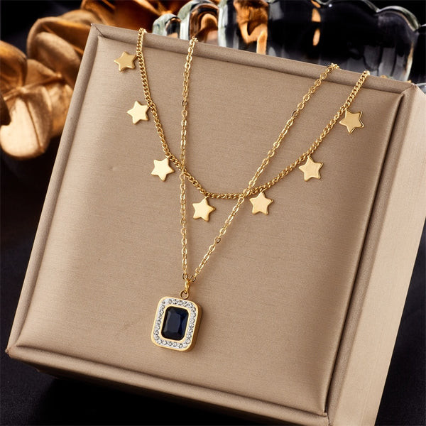 316L Stainless Steel Star Square Blue Zircon Pendant Necklace For Women