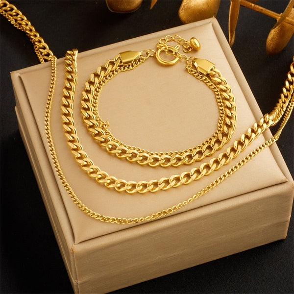 316L Stainless Steel 2-Layer Link Chains Necklace Bracelets For Women
