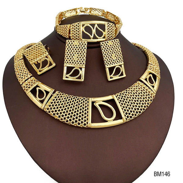 Conjunto de joyas de Dubái para mujer: collar, pendientes y anillo en dos tonos.