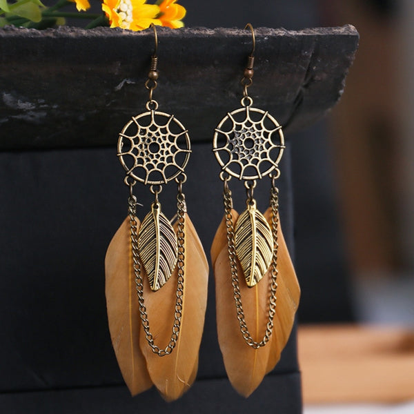 Pendientes de plumas bohemios para mujer, estilo vintage, con atrapasueños, hojas y borlas.